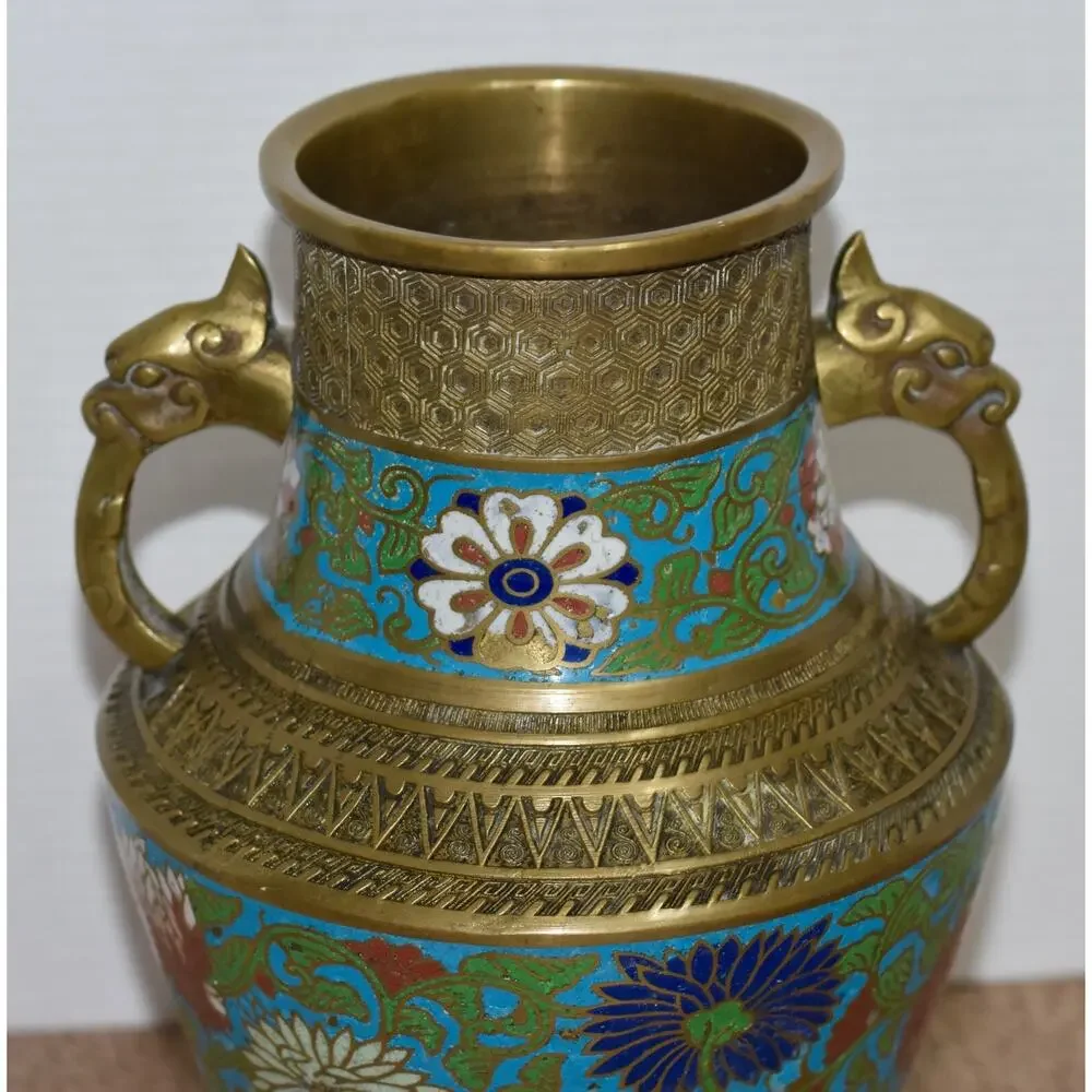 Japanese Brass Champlevé Cloisonné Urn-Form with Handles Converted Lamp Vase